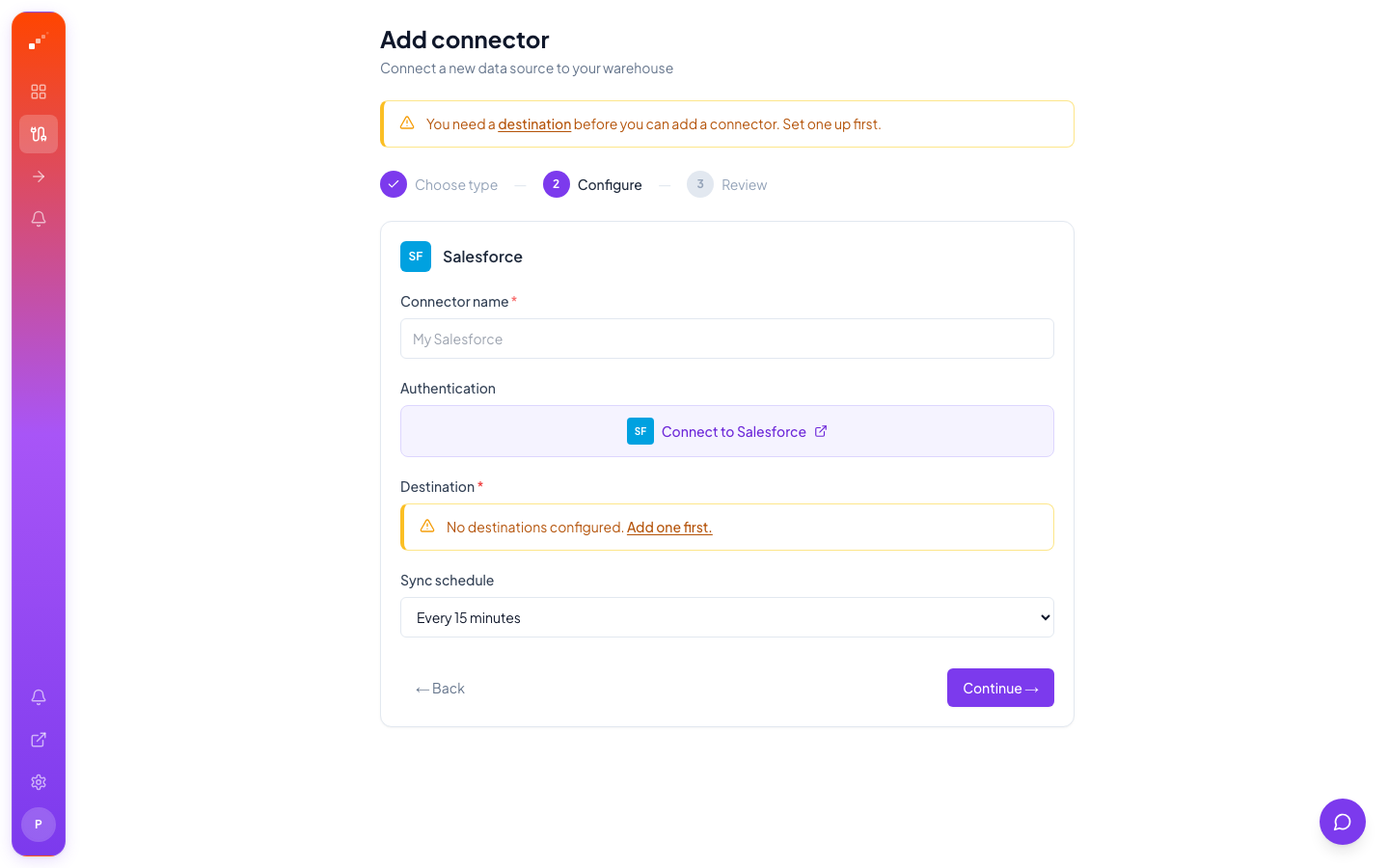 Connector setup wizard showing OAuth authentication and schedule configuration