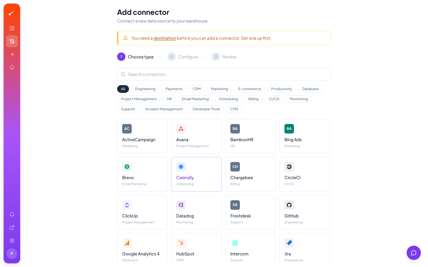 Landed dashboard showing the connector catalog with 60+ integrations